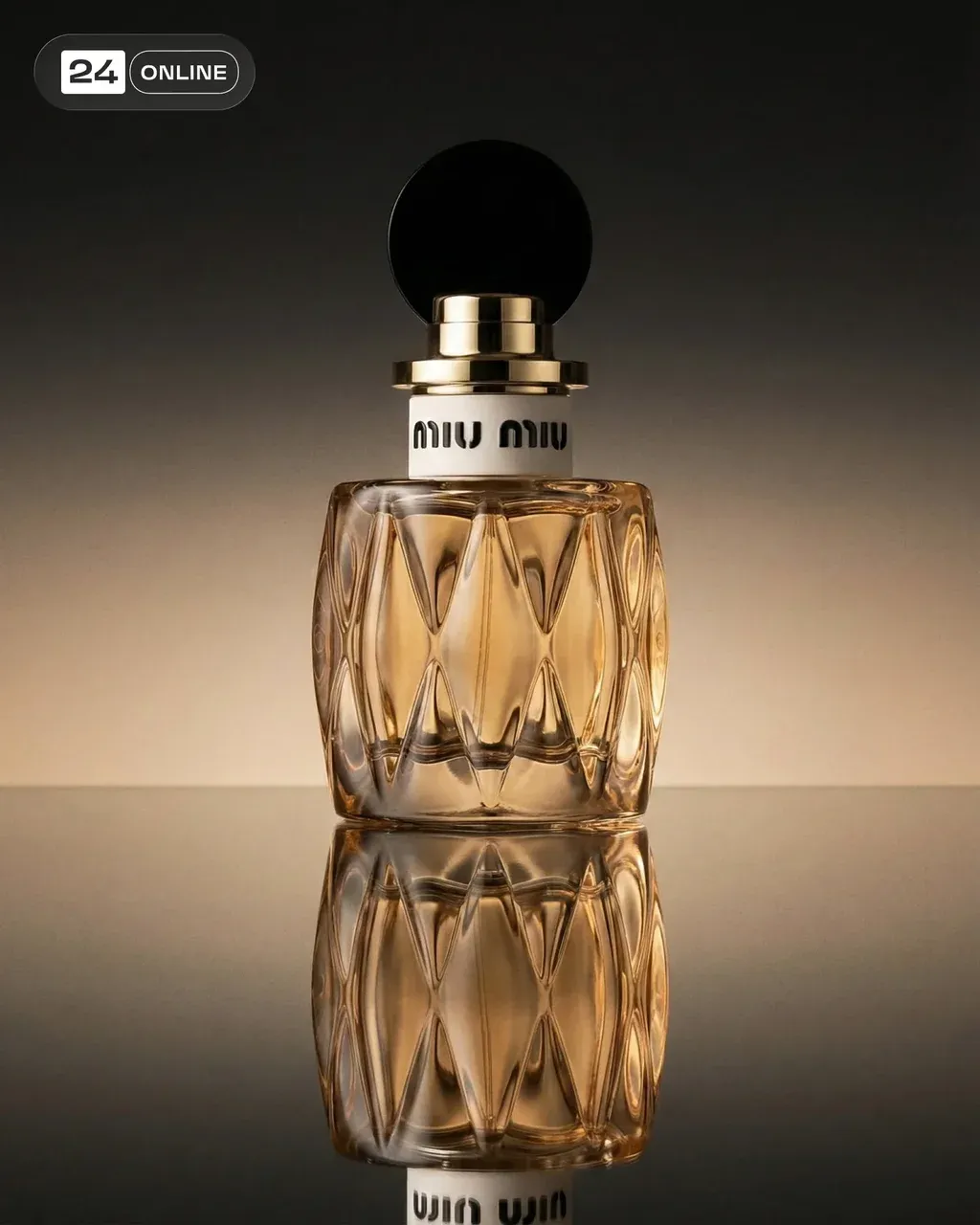 PRODUCT standing on a glossy mirrored surface, reflecting its silhouette