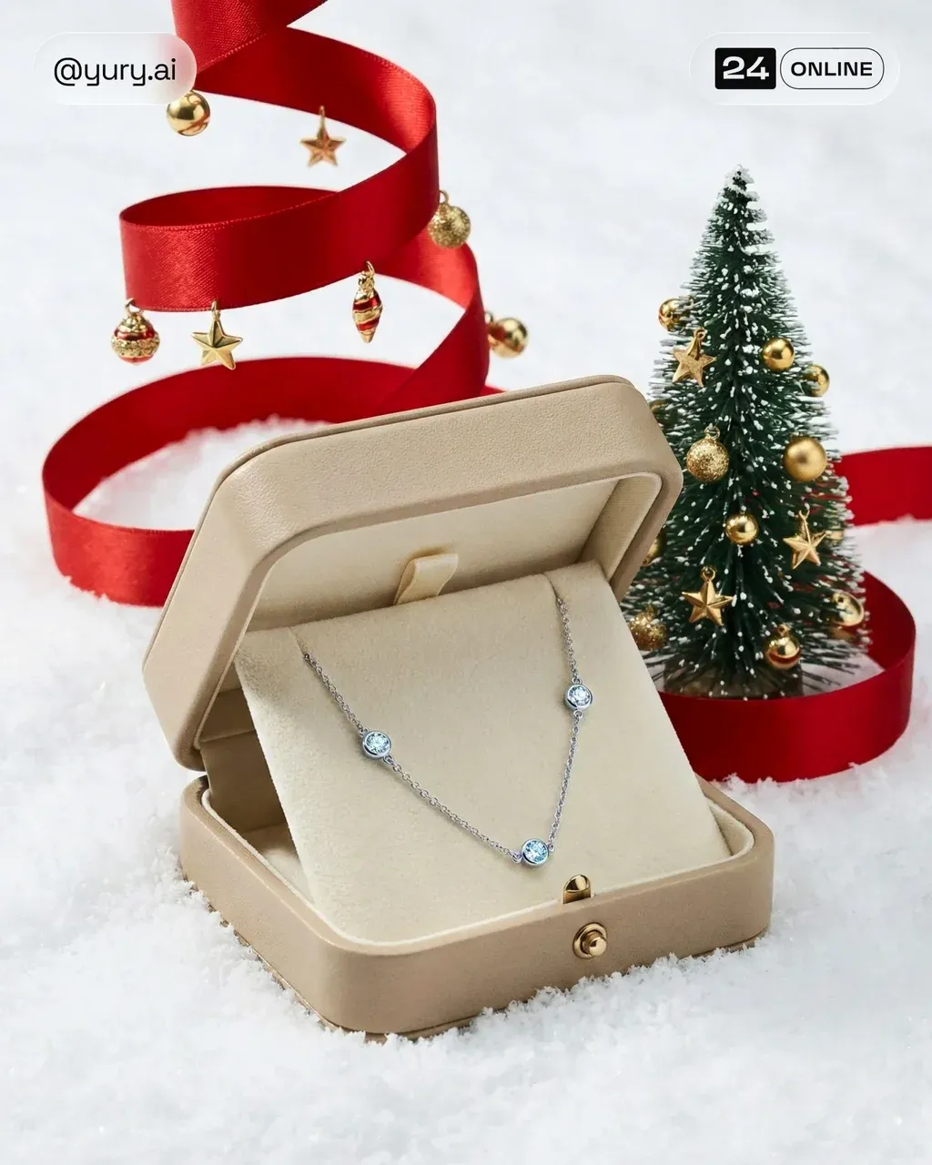 A close up of luxury Christmas-themed jewellery composition. A premium