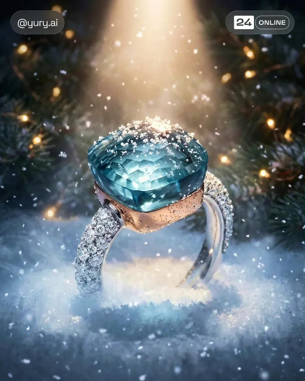 Cinematic macro of a PRODUCT emerging through soft falling snowflakes,