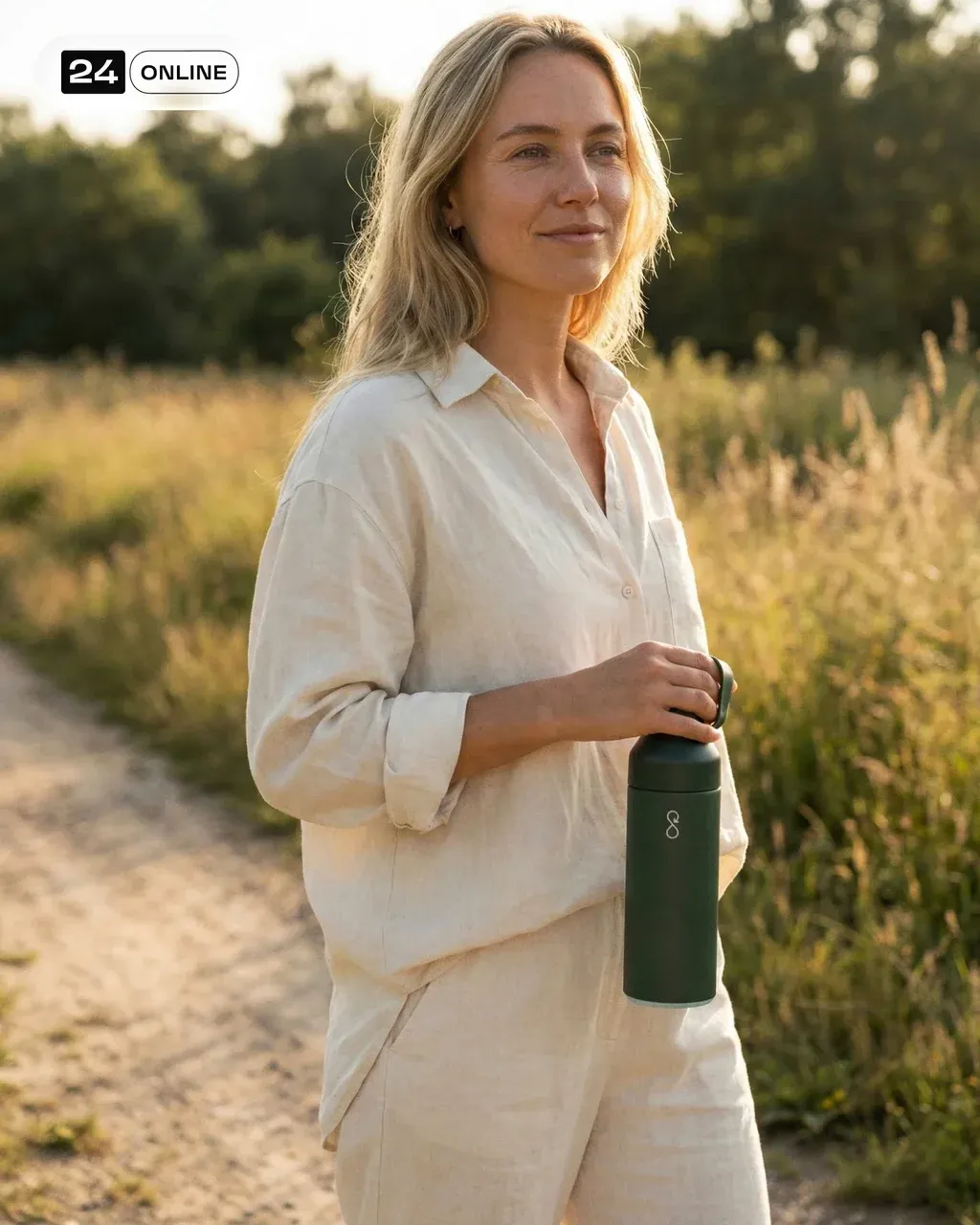 A model walking outdoors with the PRODUCT in hand, dressed