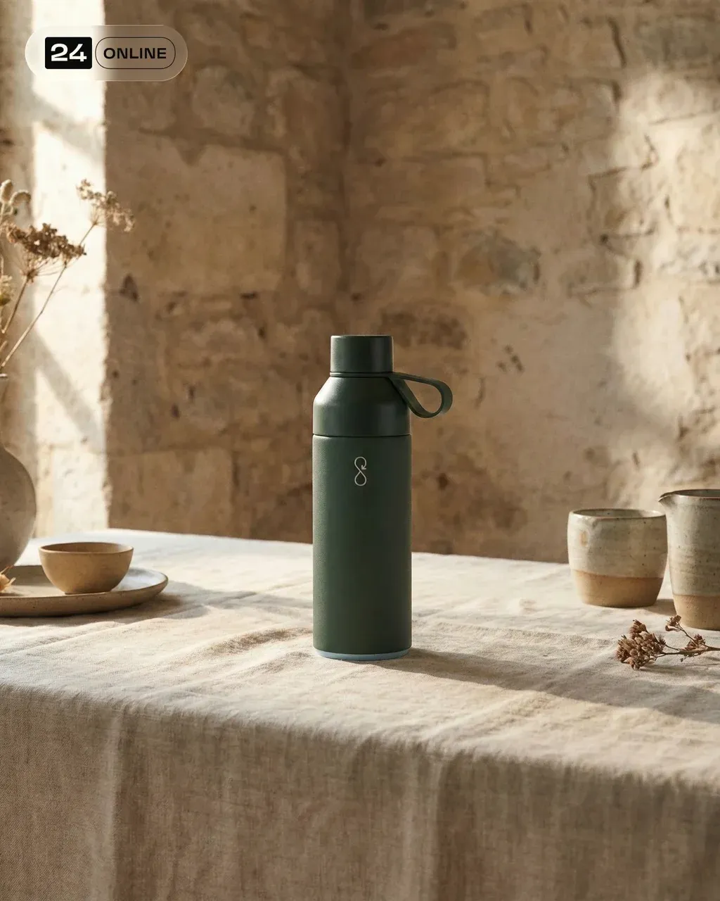 Wide shot of the PRODUCT placed on a natural linen