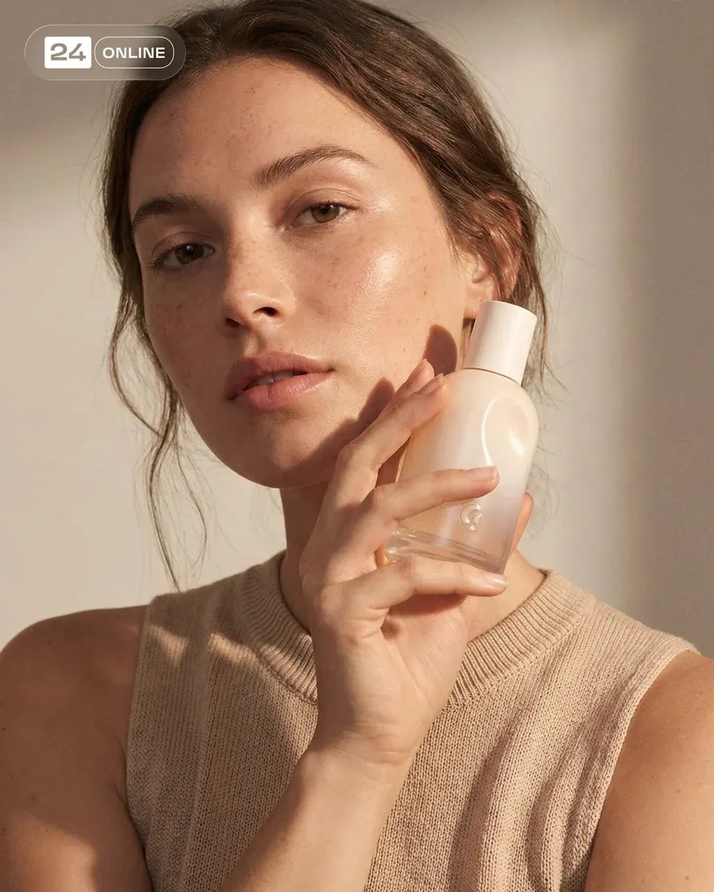 Cinematic luxury beauty portrait of the same model, wearing her