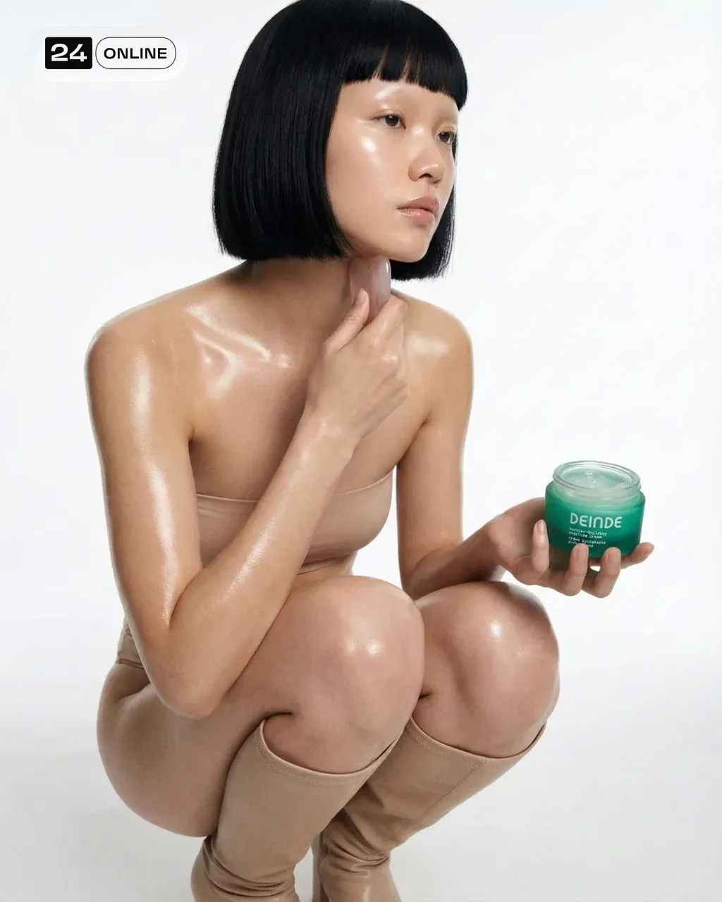 A cinematic beauty editorial scene featuring a young adult female