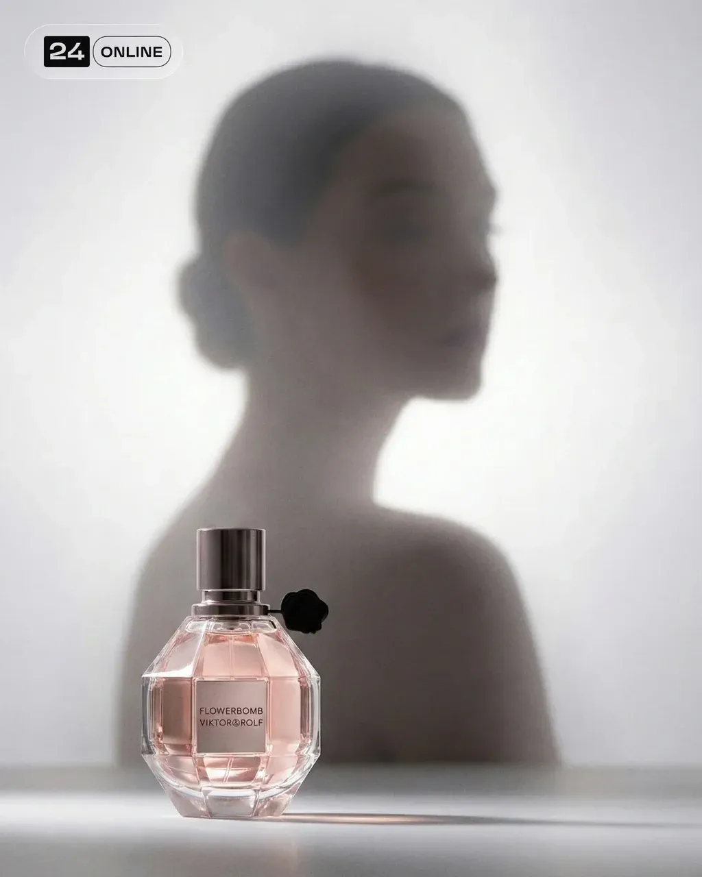 A minimalist perfume editorial shot with an 85mm lens at