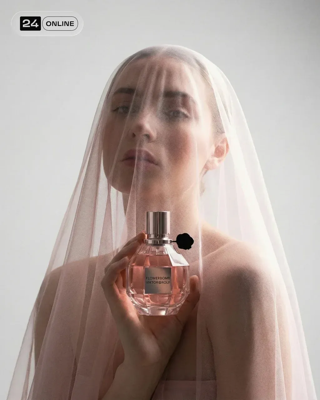 A minimalist editorial perfume portrait shot with a 50mm prime
