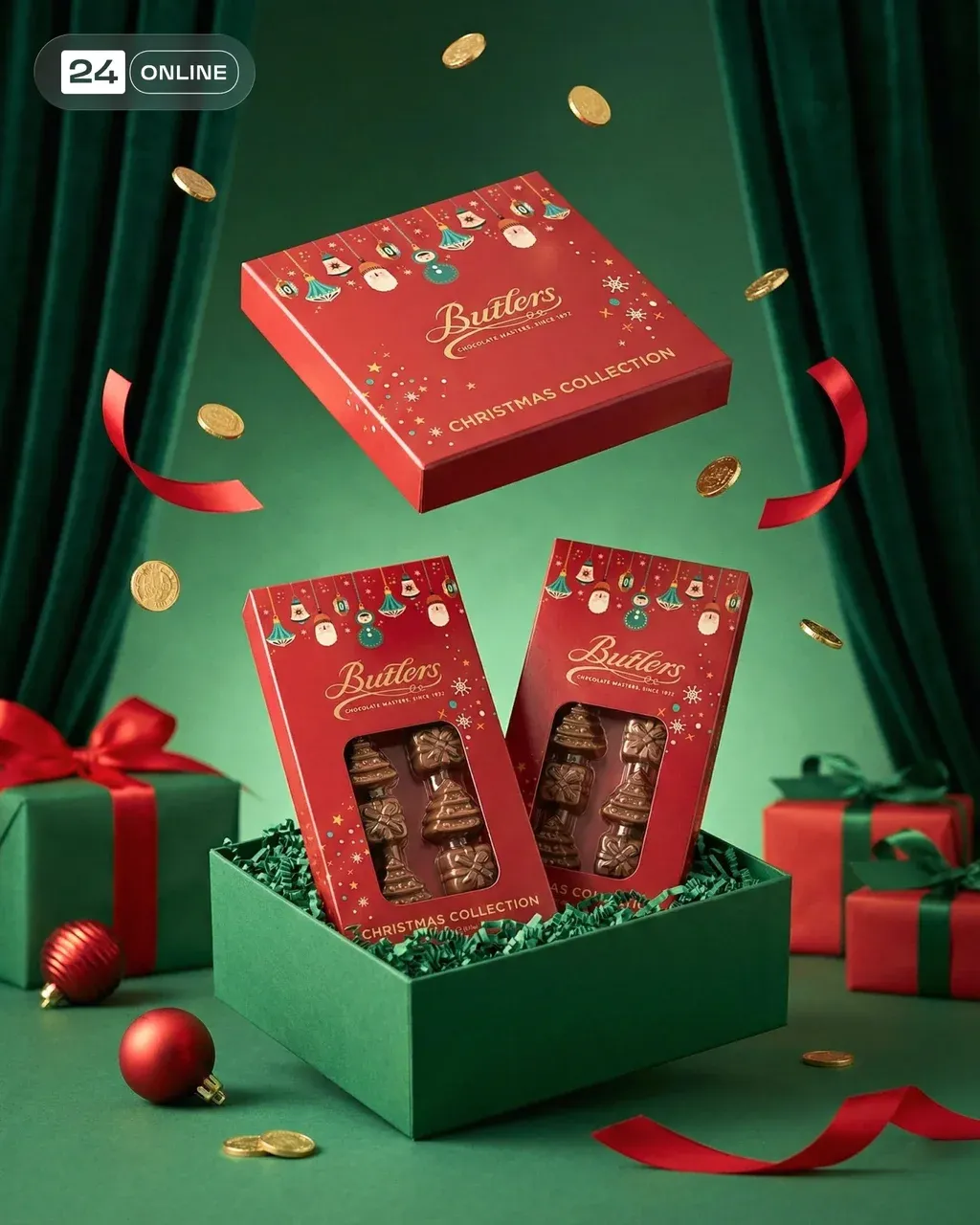 Luxury Christmas gift product photography in festive studio setup, deep