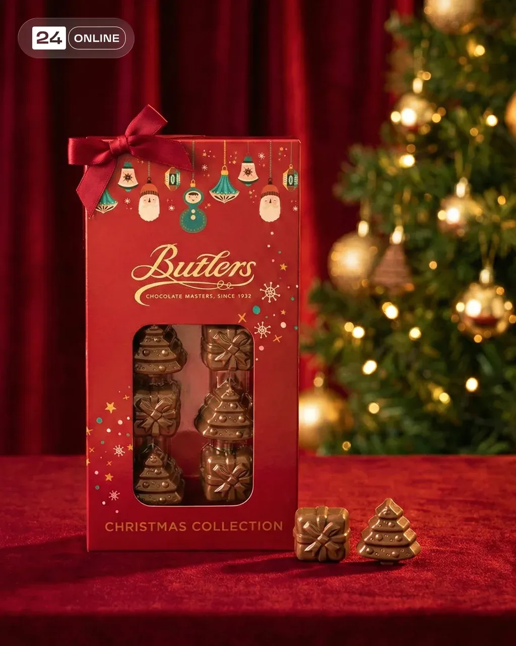 Luxury Christmas-themed product photography with deep red velvet curtain backdro…