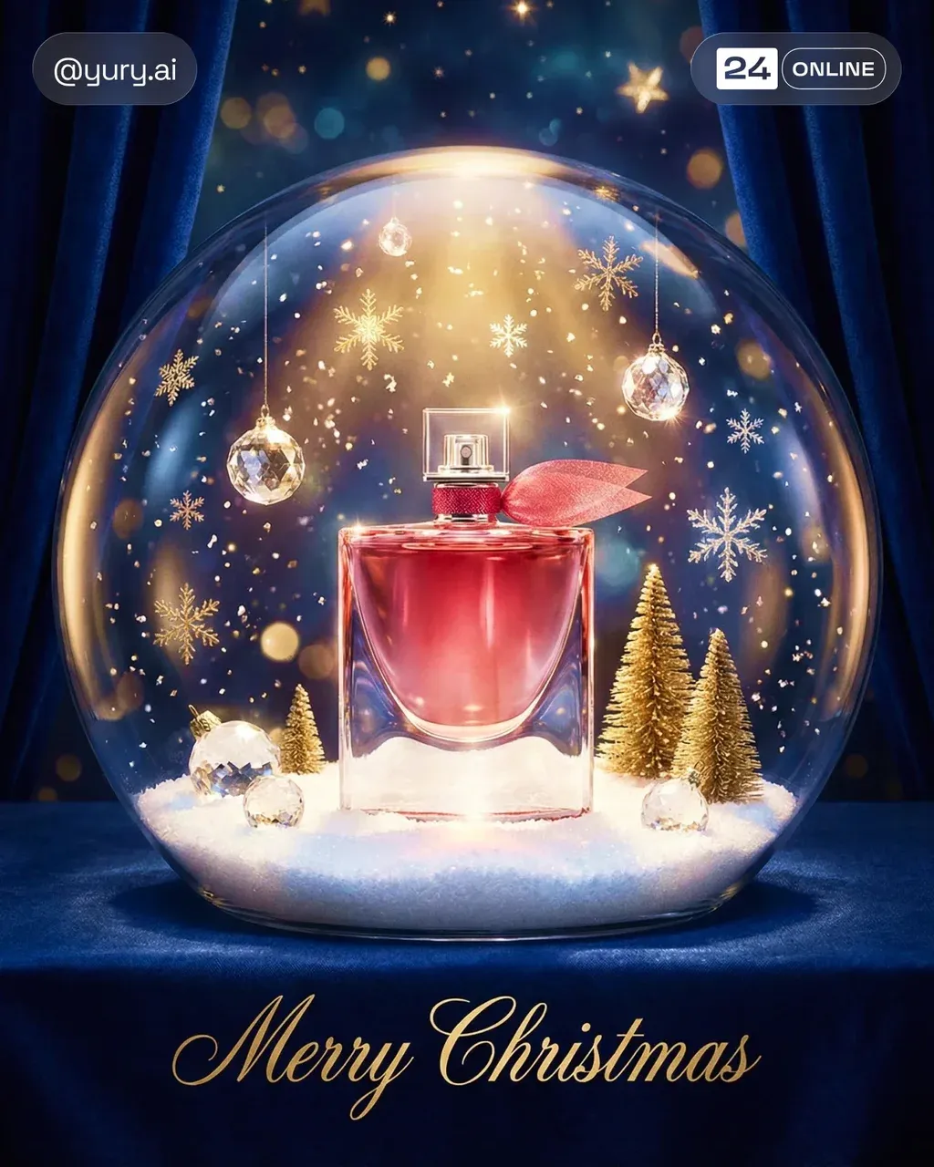 Luxury Christmas product showcase inside a glowing snow globe, magical