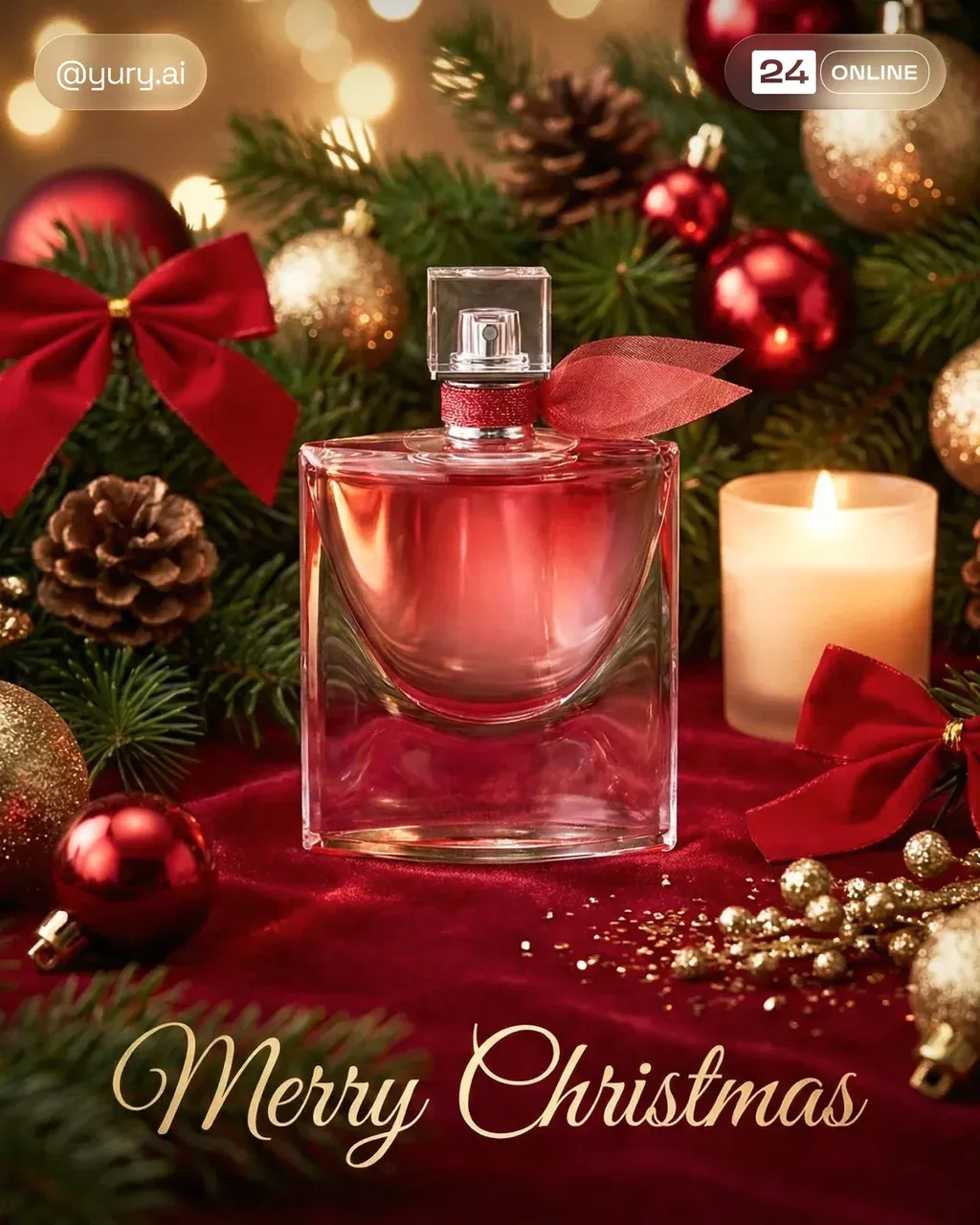 Luxury product Christmas photoshoot on rich red festive background, warm