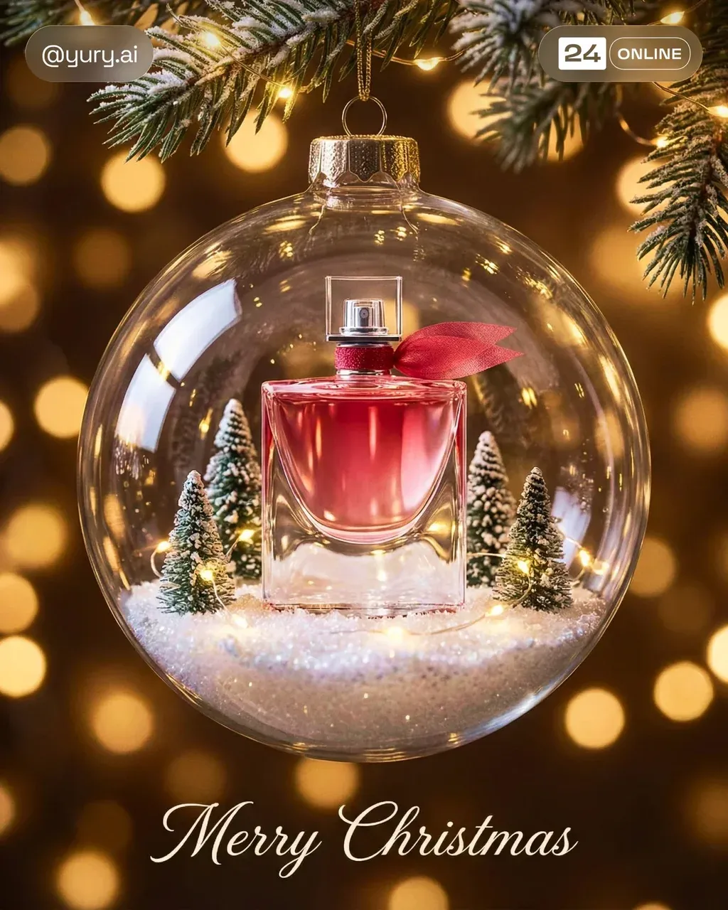 Create a hyper-realistic Christmas tree ornament: a clear glass bauble