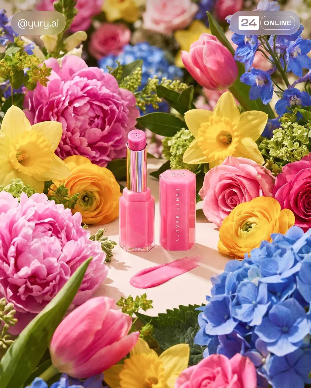 PRODUCT surrounded by vibrant flowers in shades of pink, yellow,