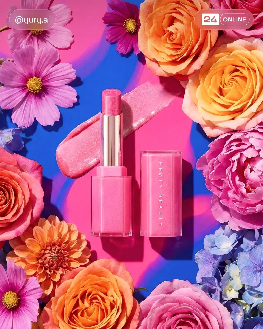 Bright PRODUCT surrounded by colorful flowers, set against a bold