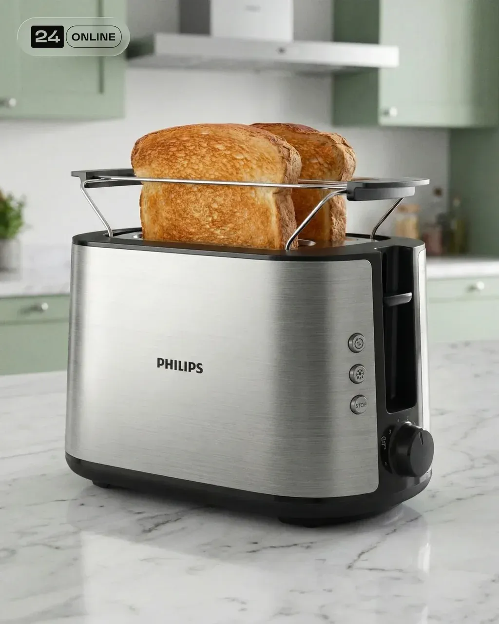 A modern, futuristic PRODUCT sits on a marble countertop, prominently