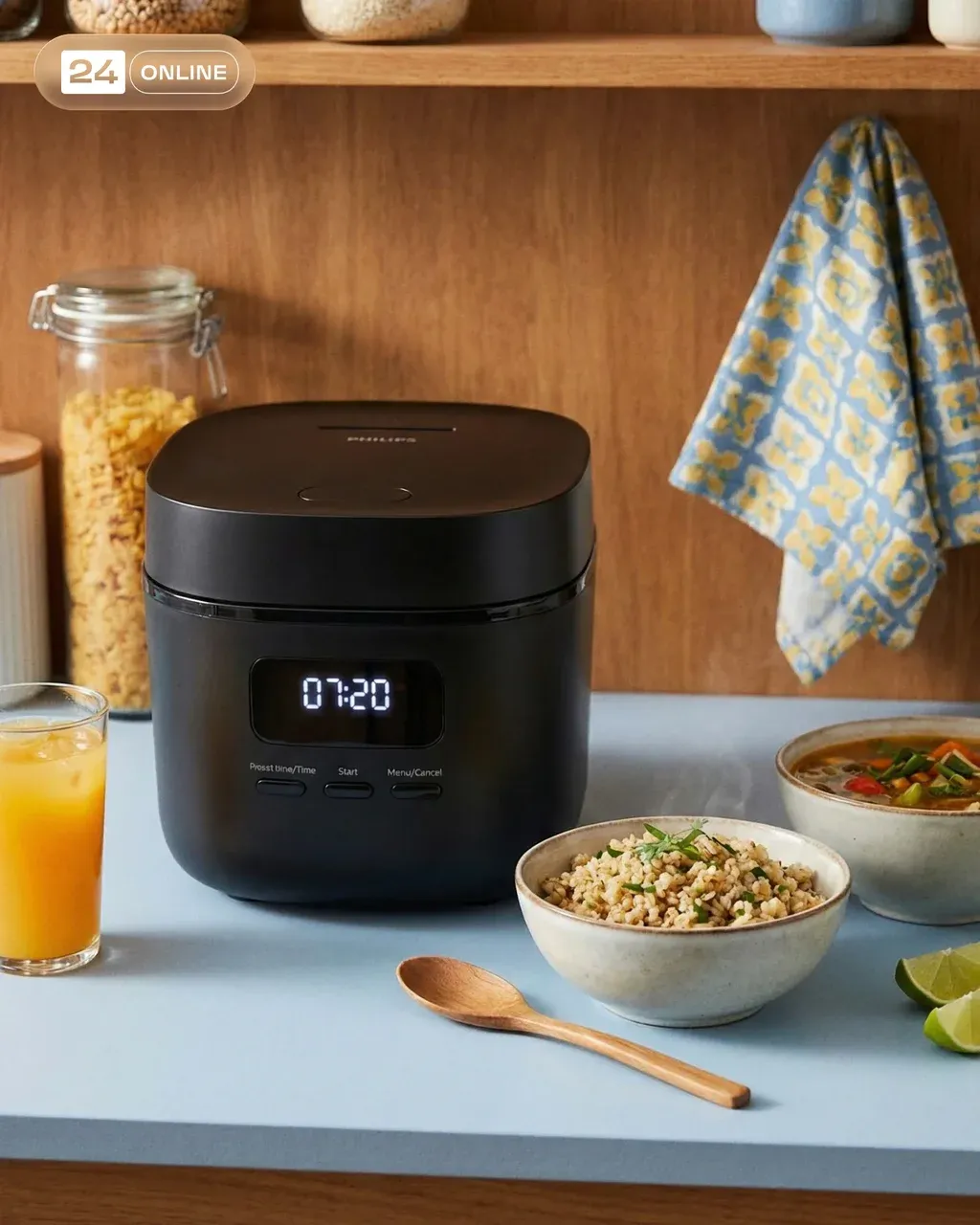 A PRODUCT with a digital display showing “07:20”, prominently placed