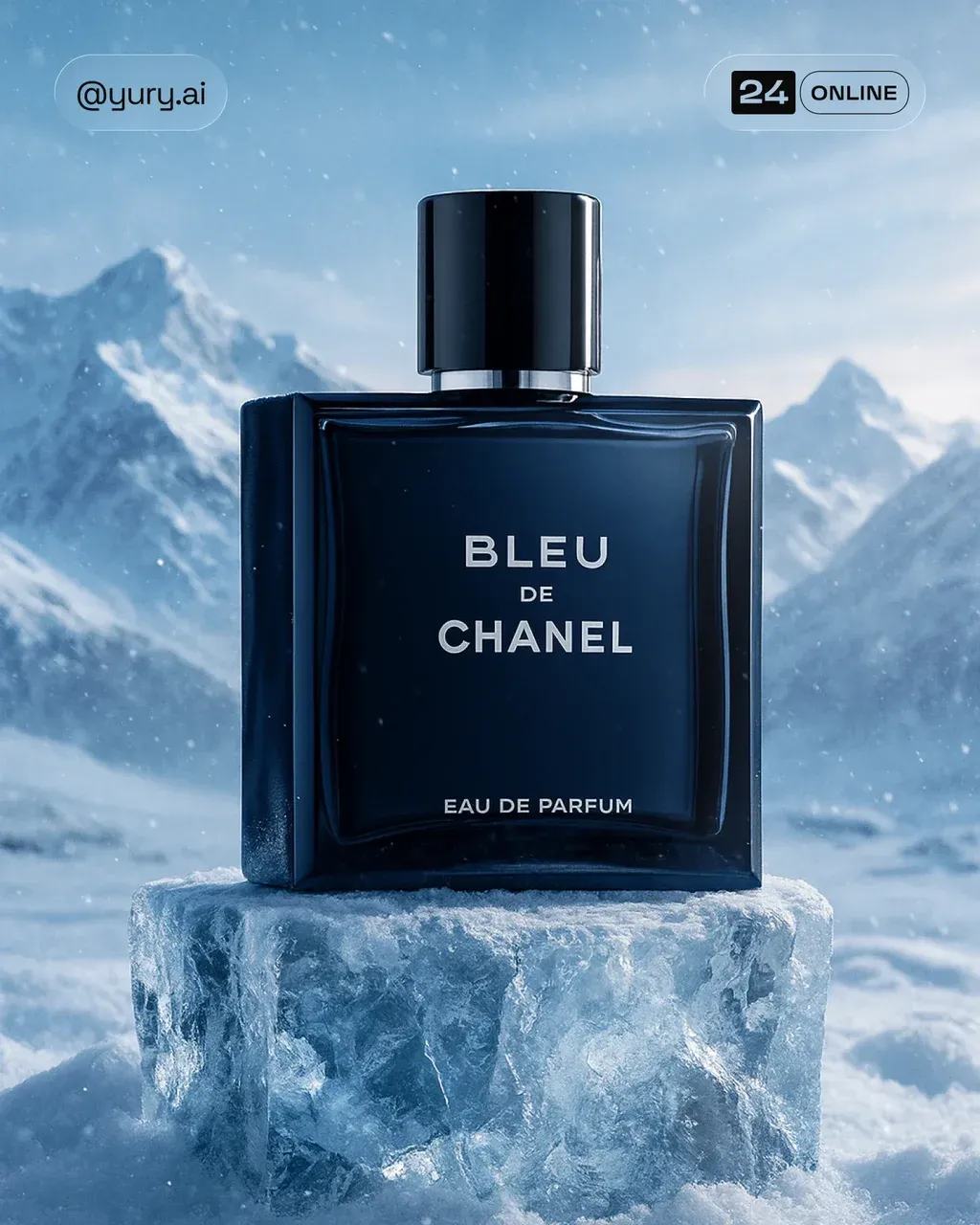 Luxury PRODUCT , placed on a block of ice in