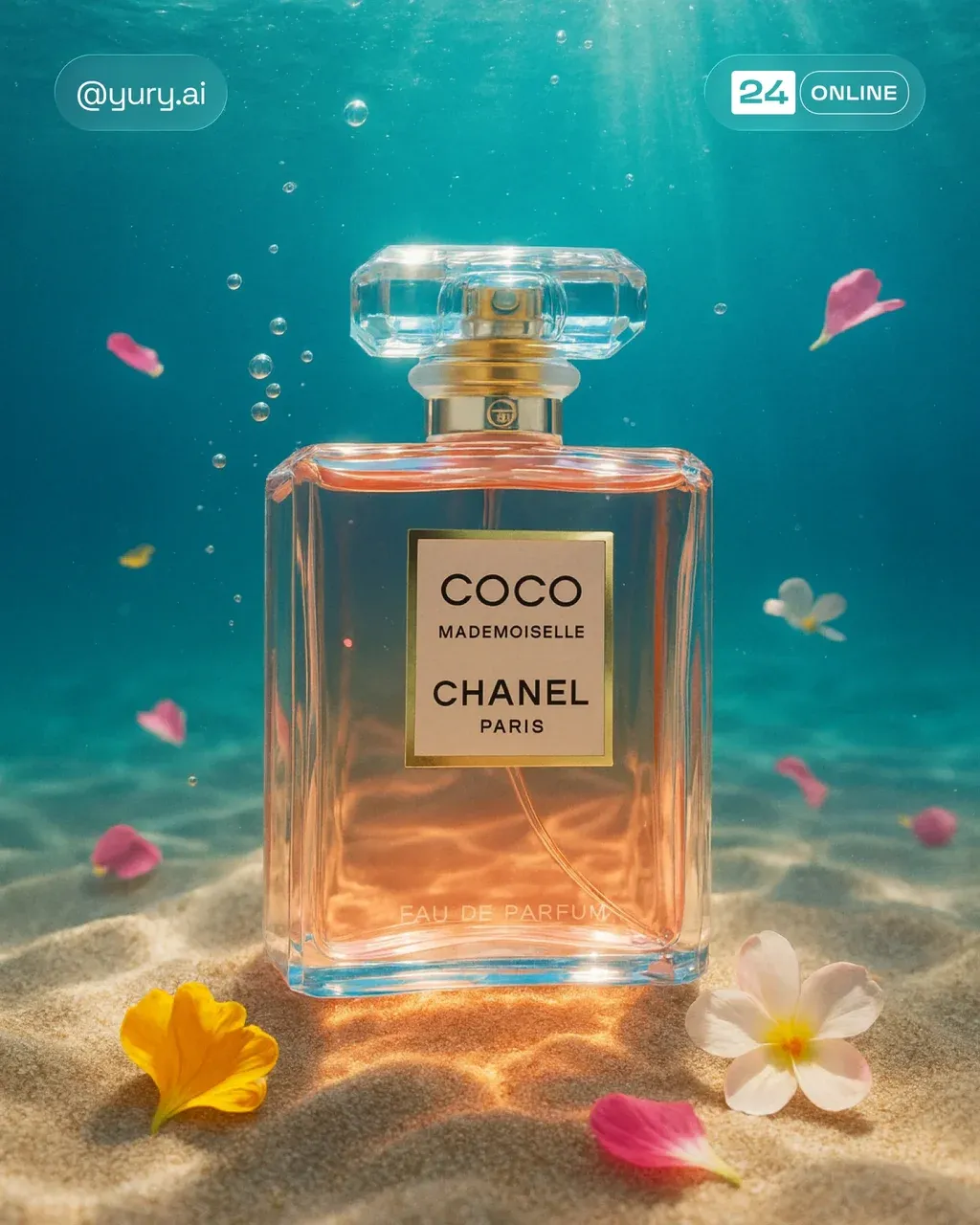 Ultra-realistic underwater luxury PRODUCT , resting on a sandy ocean