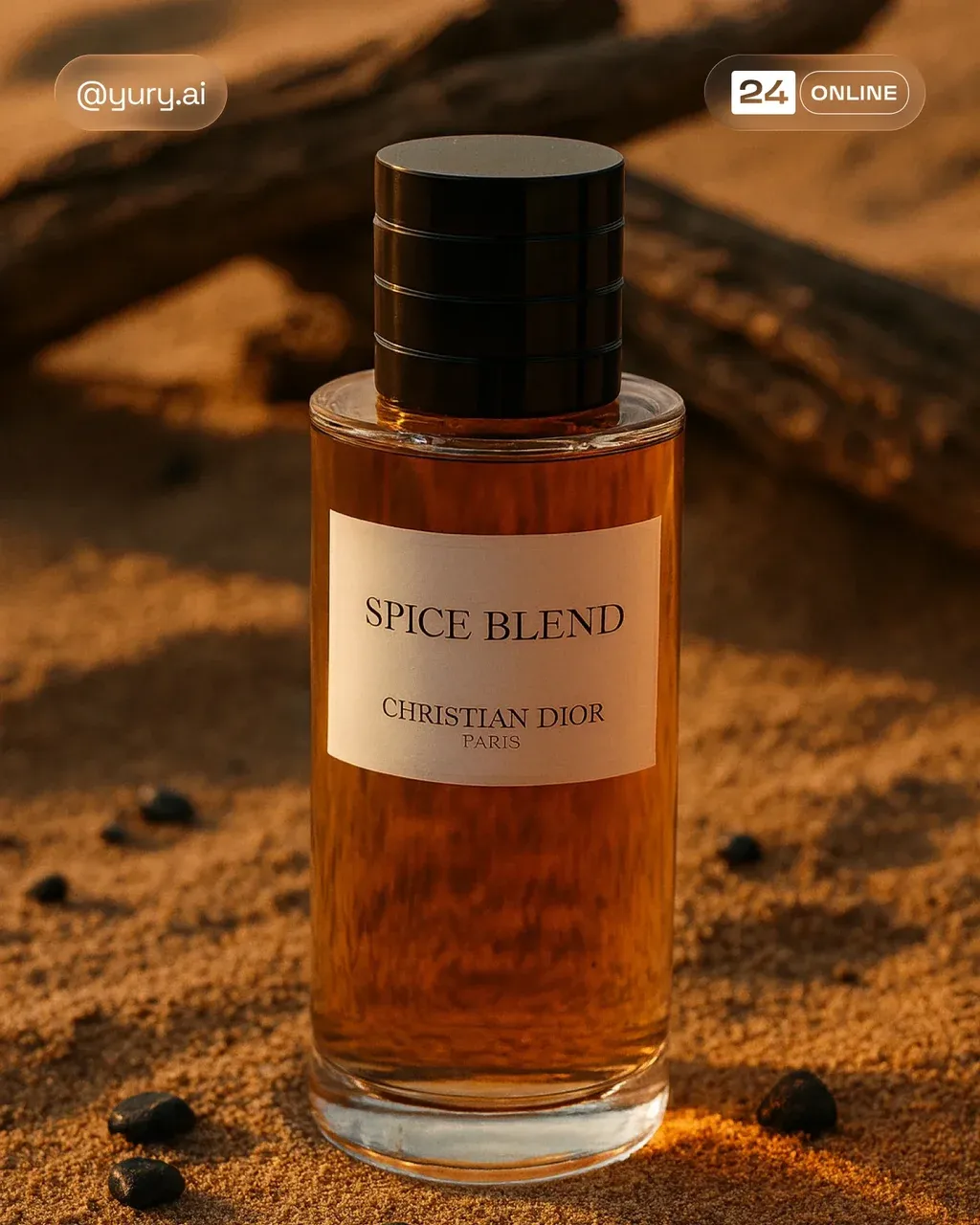 Elegant PRODUCT , placed on sandy desert ground with small
