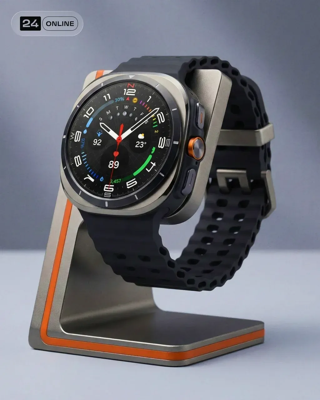An PRODUCT is positioned prominently. The watch angled stand with