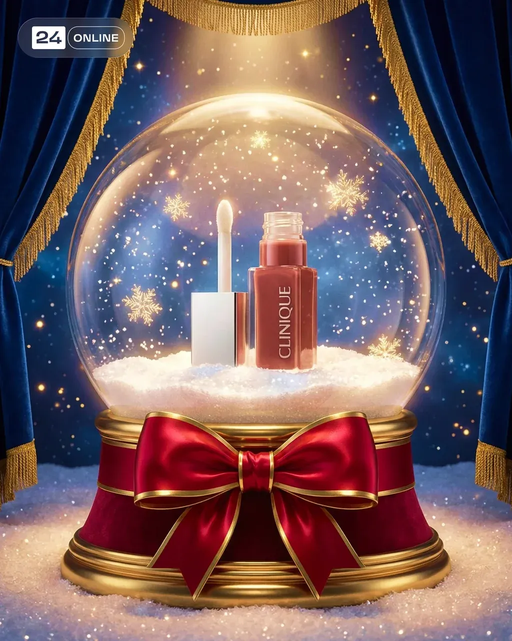 Luxury Christmas product showcase inside a glowing snow globe placed