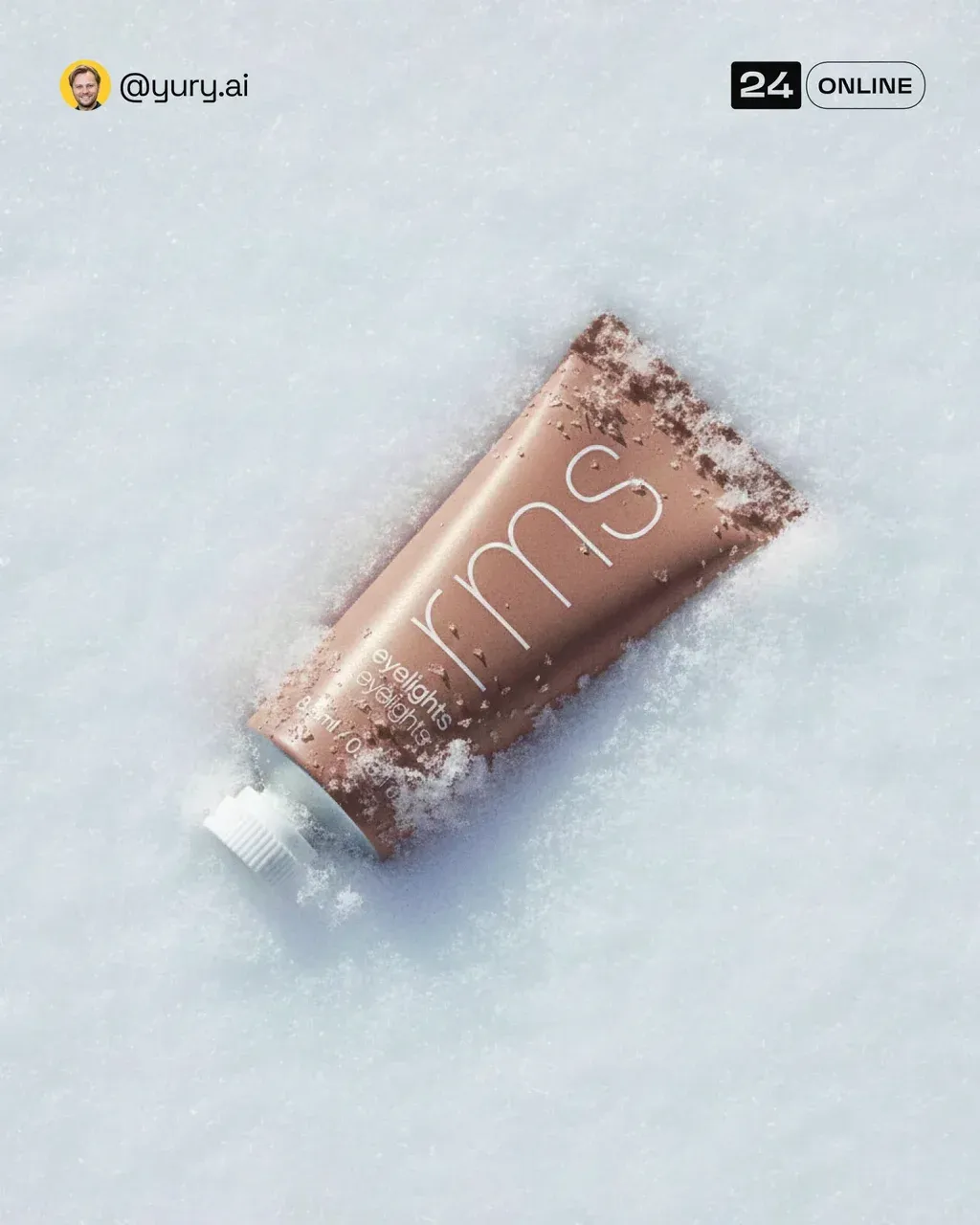 Ultra-realistic winter flat-lay shot. The PRODUCT lies horizontally, slightly pr…