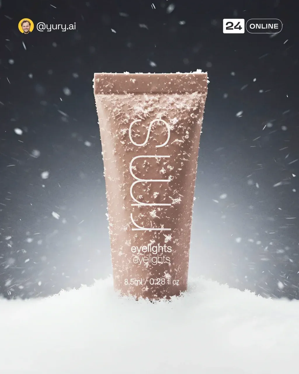 Ultra-realistic winter product shot of the PRODUCT standing upright in
