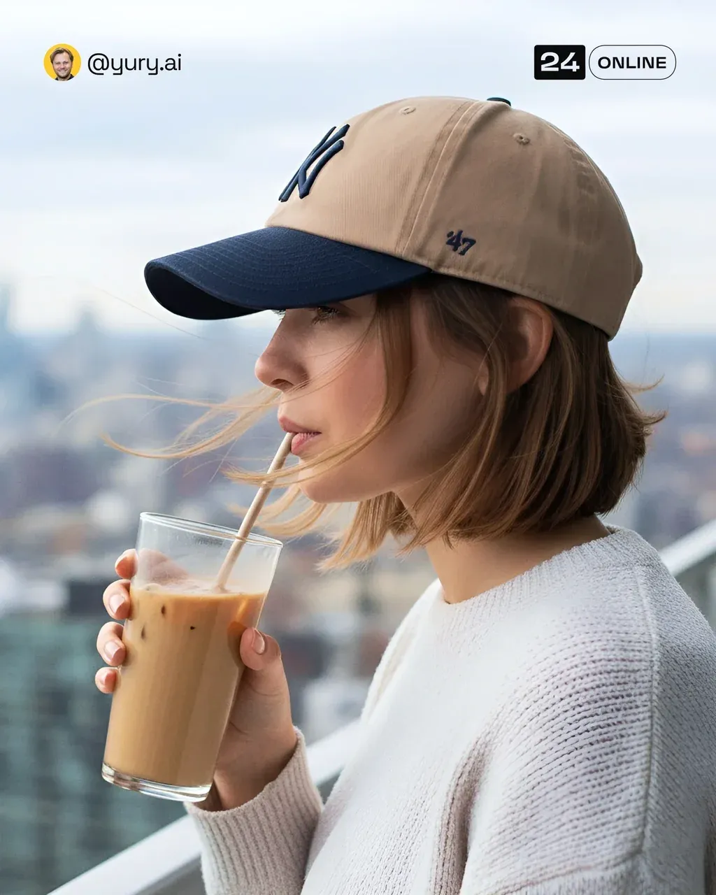A cinematic close-up profile shot of a woman sipping iced