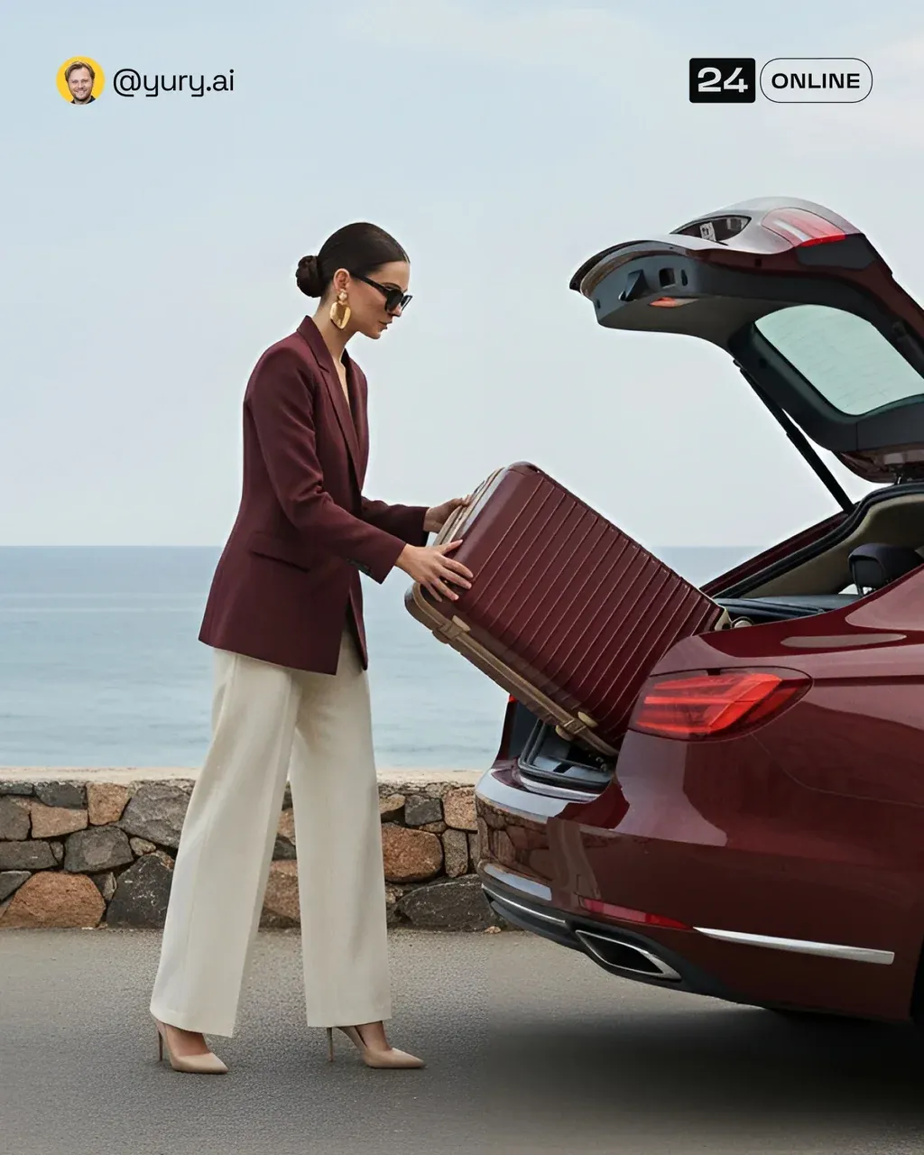 Editorial lifestyle photograph capturing a woman loading a premium hard-shell