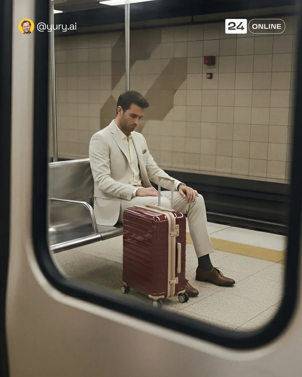Editorial photograph capturing a man seated alone in a subway