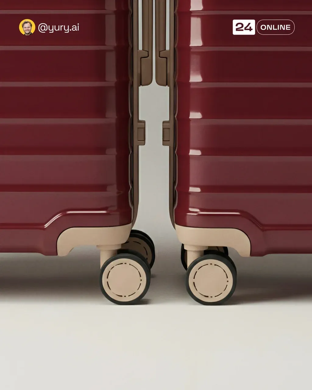 Minimalist product photograph featuring two premium hard-shell suitcases in deep