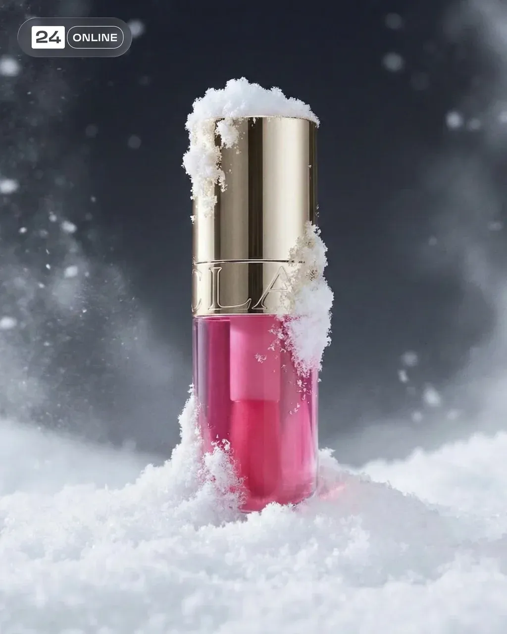 Ultra-realistic winter flat-lay shot. The PRODUCT lies horizontally, slightly pr…