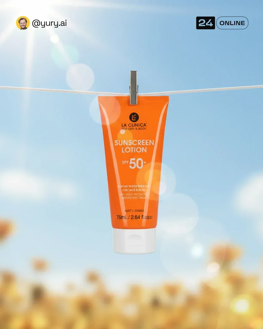 Minimal, high-end skincare product photo outdoors under bright sunlight. A