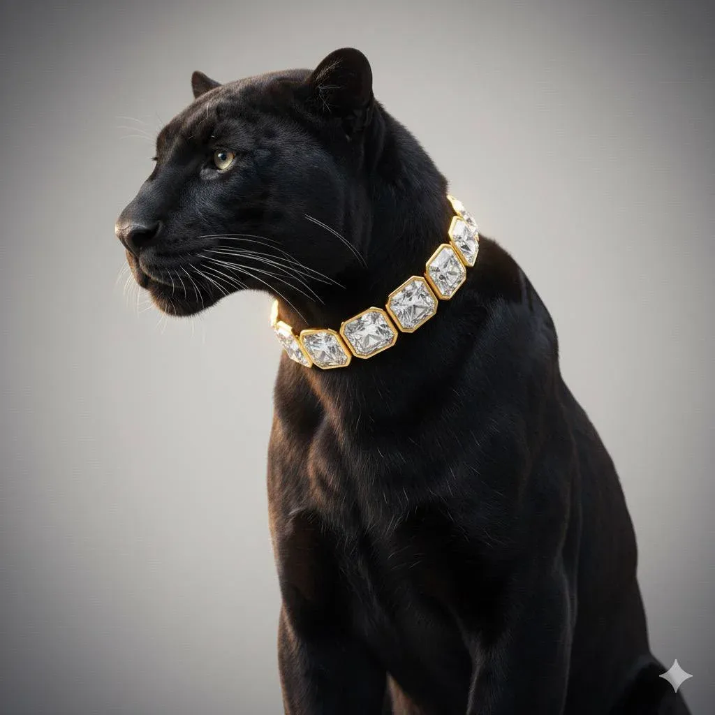 Hyper-realistic studio side profile of a black panther, wearing an