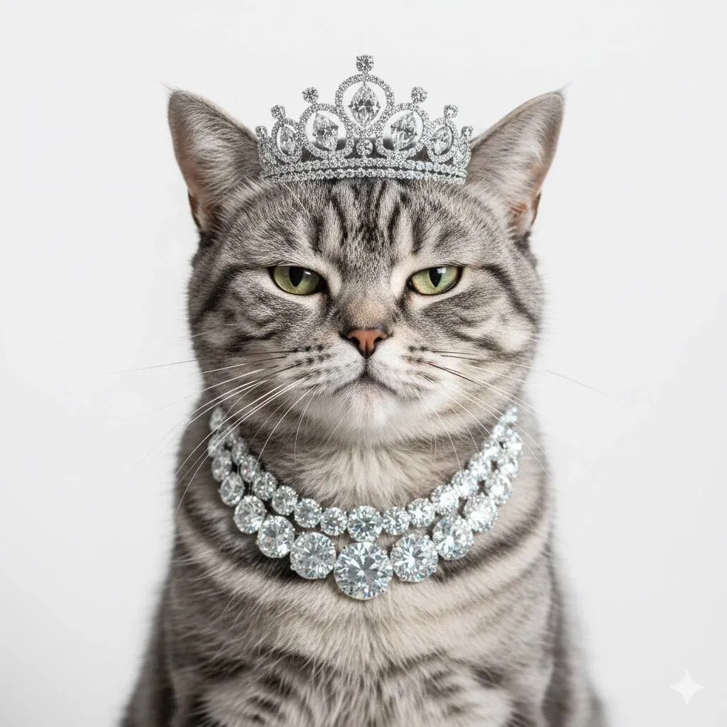 Hyper-realistic studio portrait of a grumpy grey tabby cat sitting
