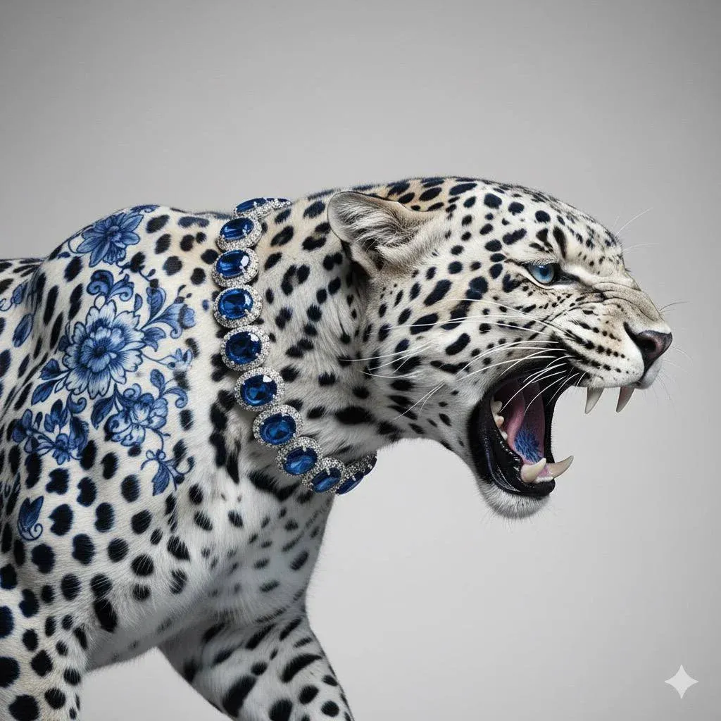 Hyper-realistic porcelain-inspired leopard with blue floral patterns on fur, wea…