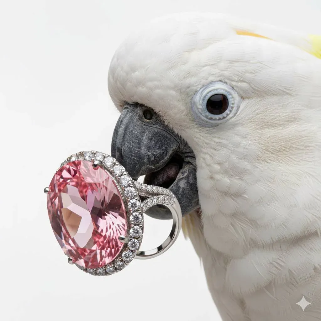 Studio macro close-up of a white cockatoo holding a huge