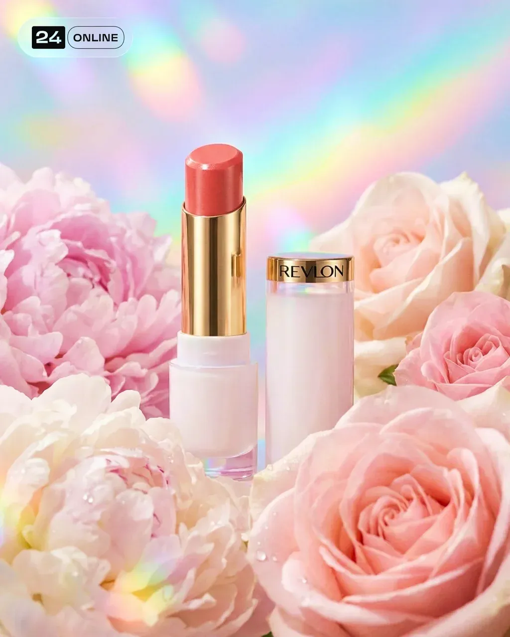 Elegant PRODUCT , placed among blooming pastel pink and white