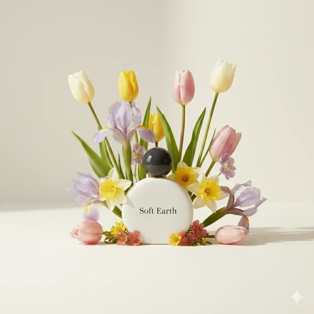 Perfume bottle placed among tall, elegant flowers in soft spring