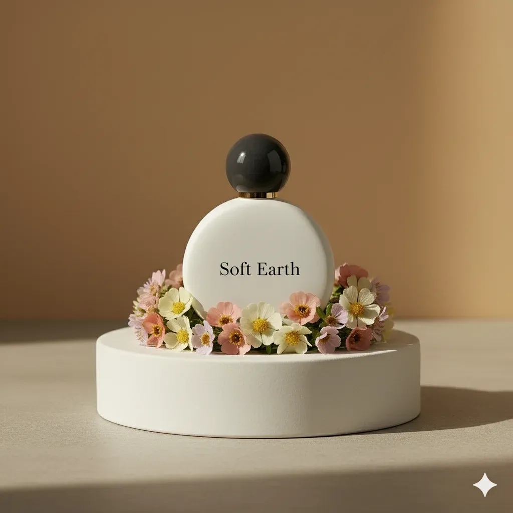 A perfume bottle placed on an elegant minimal pedestal, surrounded