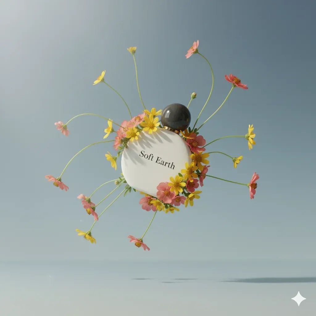 A perfume bottle gently suspended or floating among long, curving