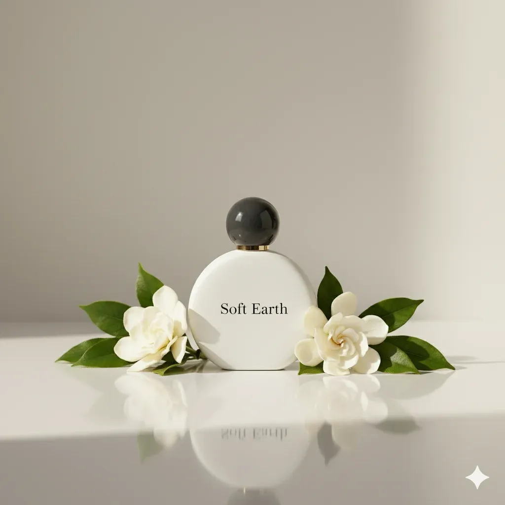 Perfume bottle placed on a reflective surface that creates a