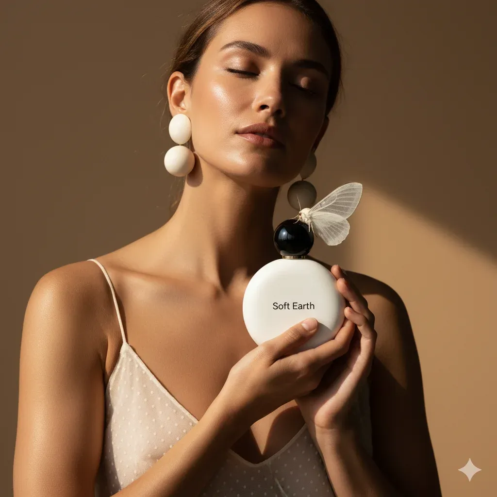 Close-up editorial shot of a model holding a sculptural white