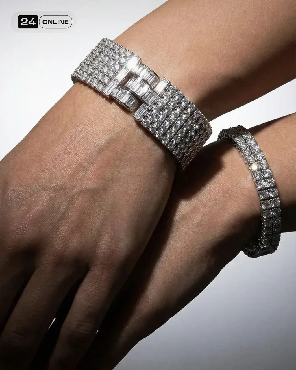Ultra-realistic close-up of female hands wearing PRODUCT , harsh overhead