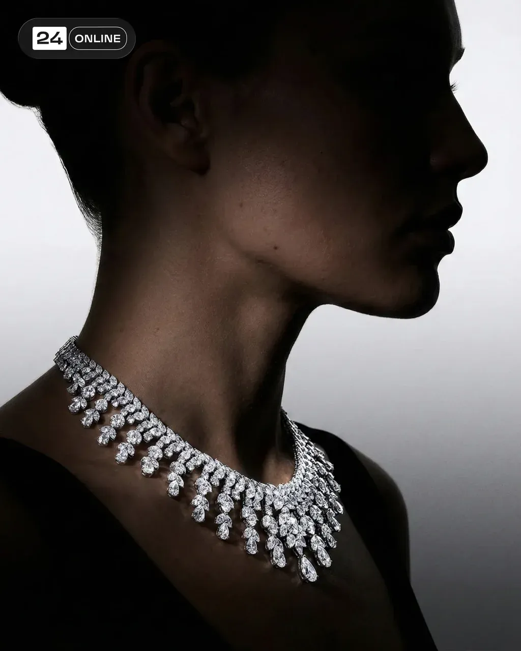 Ultra-realistic side-profile jewelry portrait of a female model in a