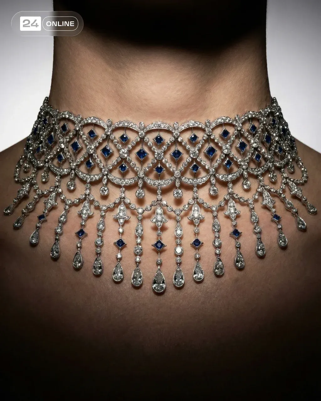 Ultra-realistic crop of female neck and chest wearing a PRODUCT