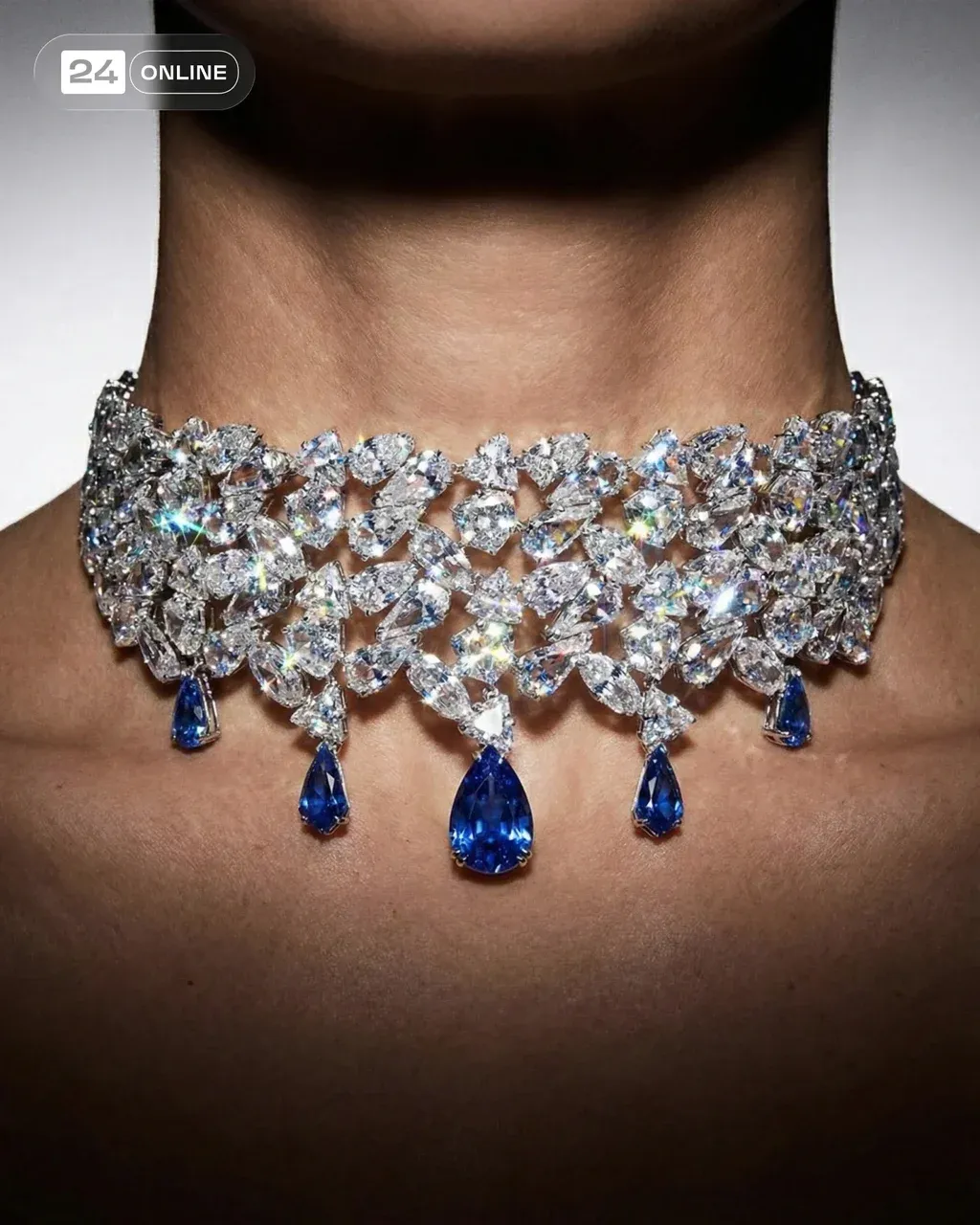 Ultra-realistic crop of female neck and chest wearing a PRODUCT