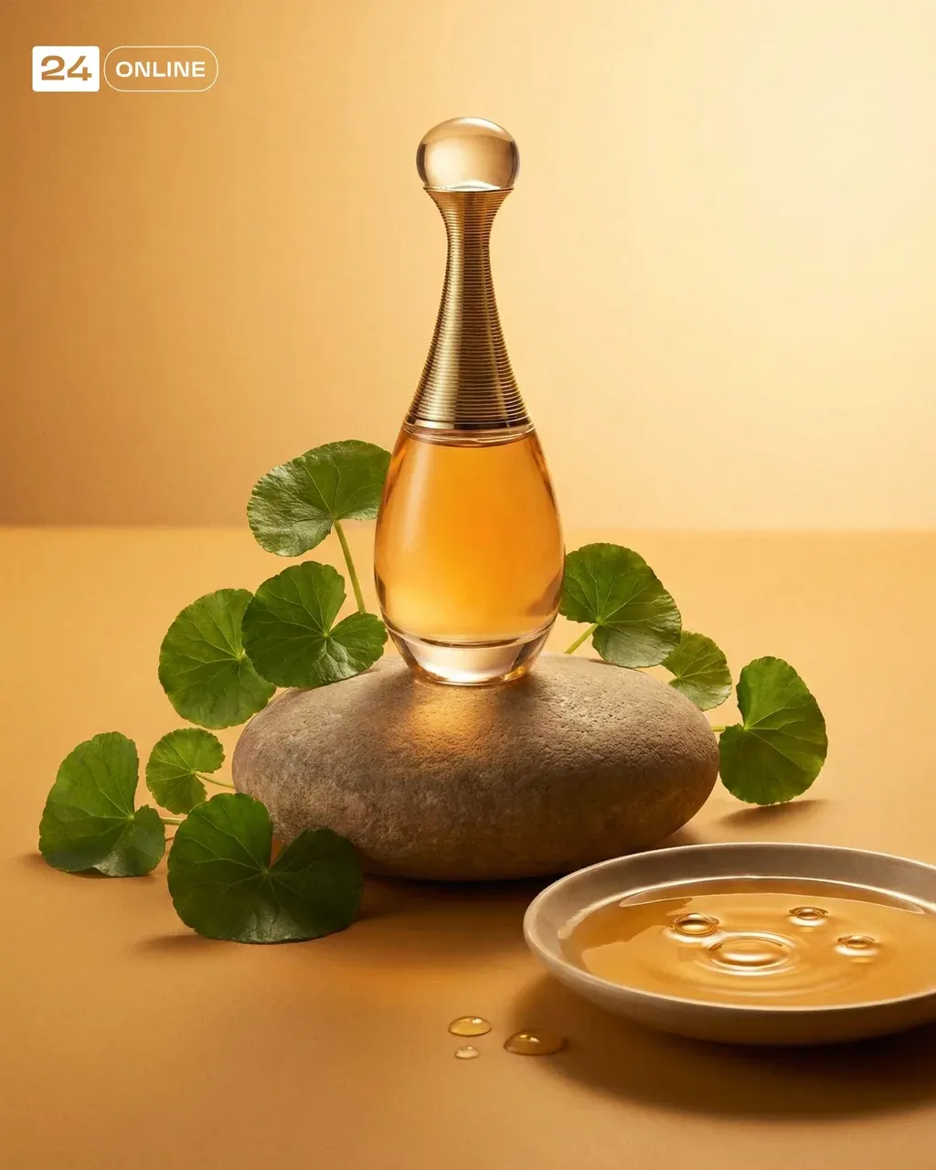 Vertical commercial still-life: centered PRODUCT balanced on a smooth river
