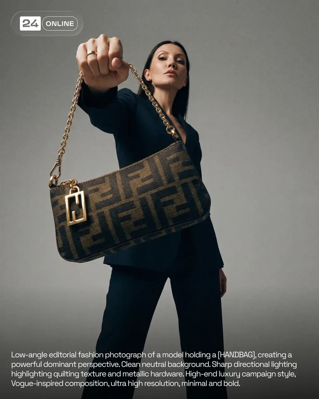High-fashion editorial photograph of a confident woman in a dark