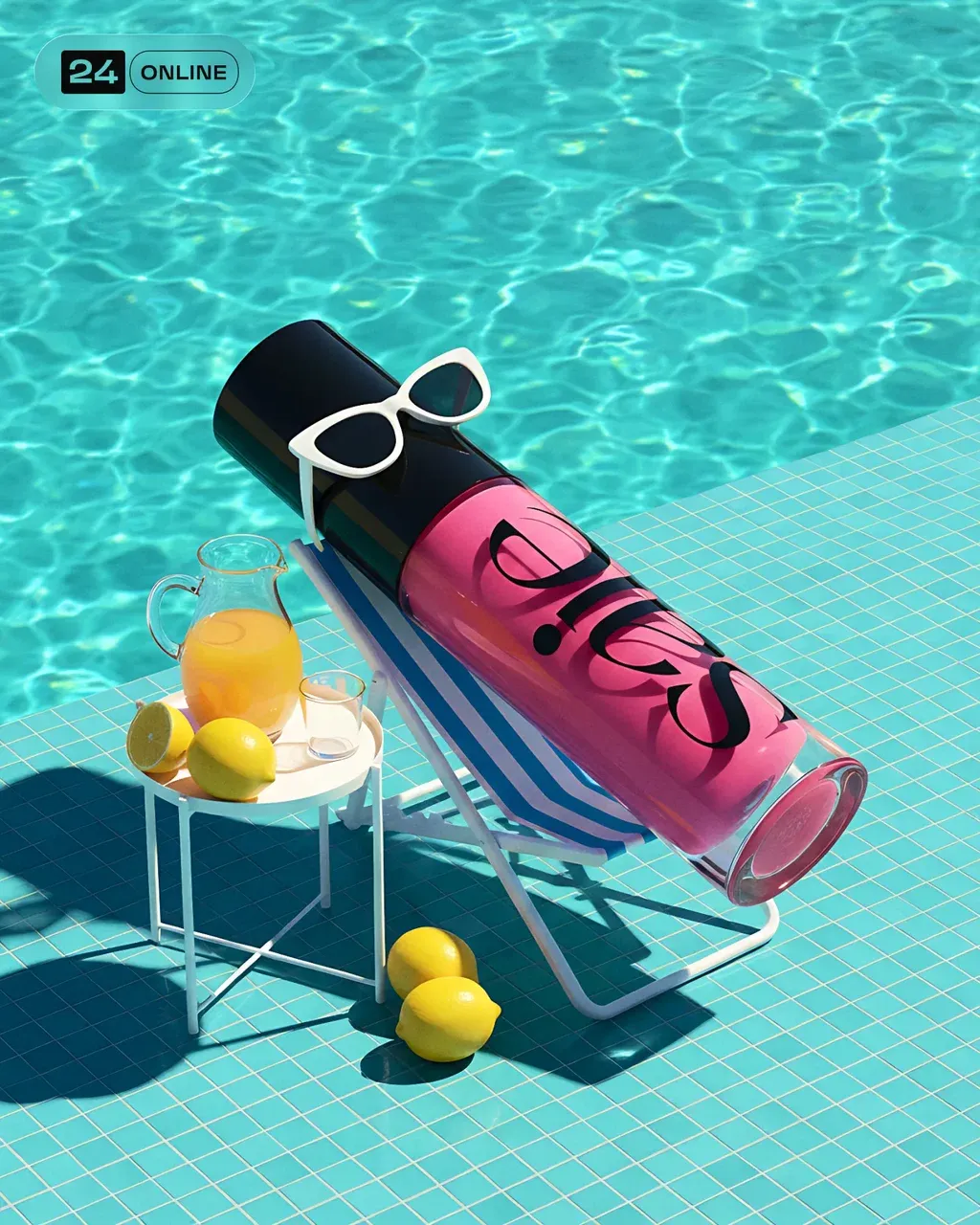 Set the scene at a sunny poolside location. Place the