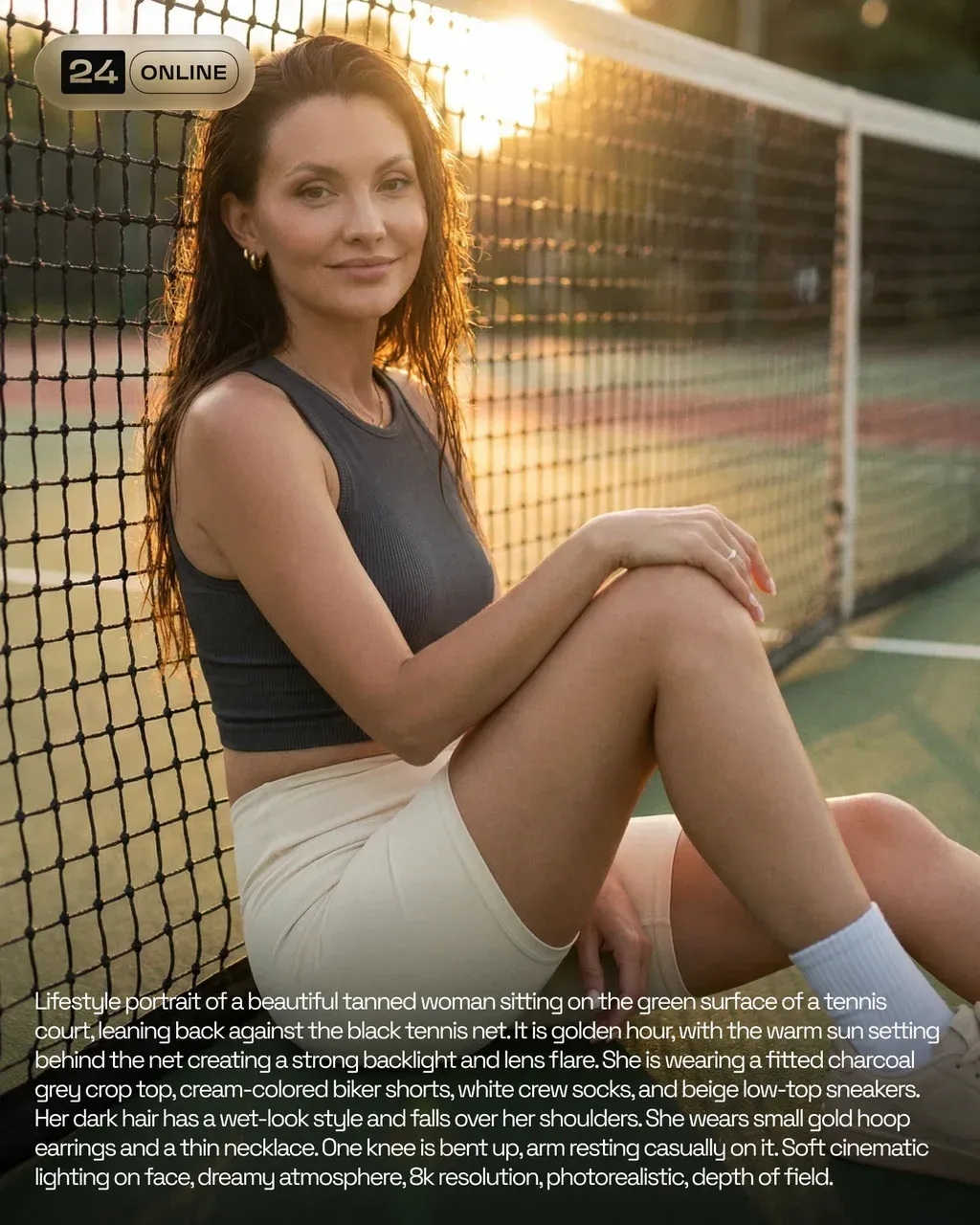 Lifestyle portrait of a fit tanned woman sitting on a