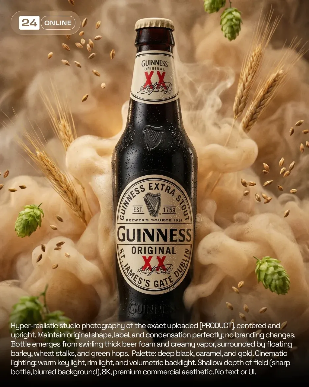 Hyper-realistic cinematic studio photography of the exact uploaded Guinness beer